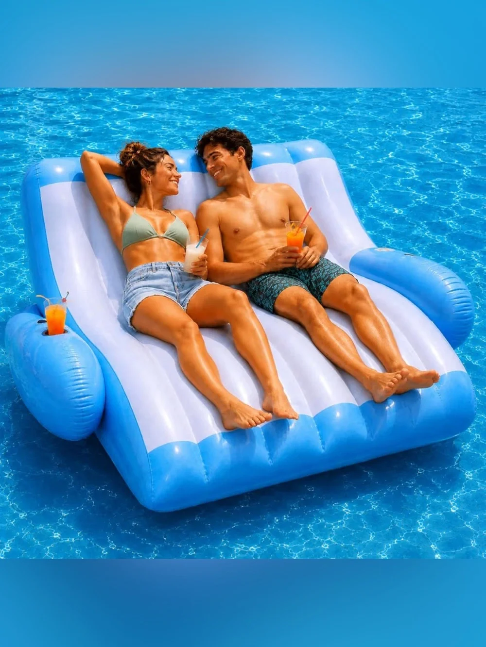 NIB- Inflatable Blue & White Double Lounge Pool Float. 350 weight limit.